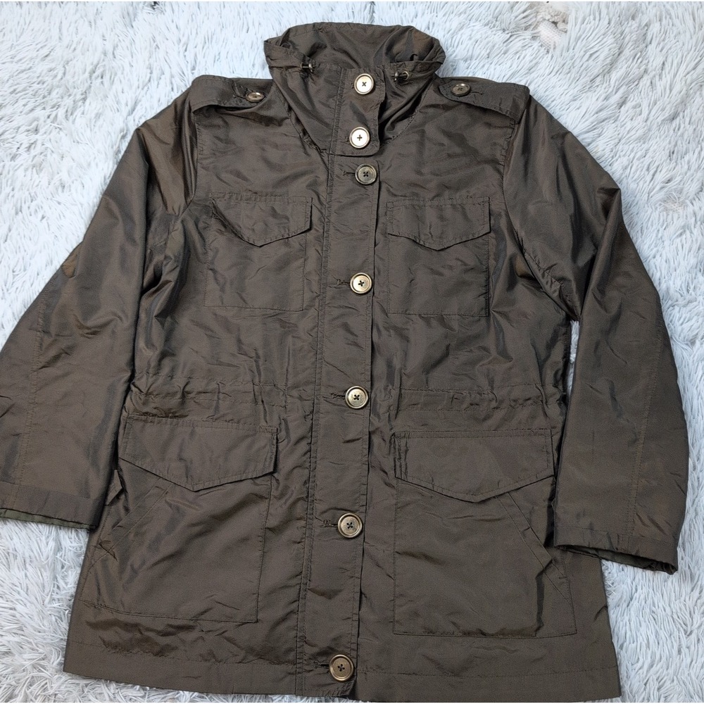 London Fog Jacket Womens L Green Utility Coat Windbreaker Button Zip Up Comfort